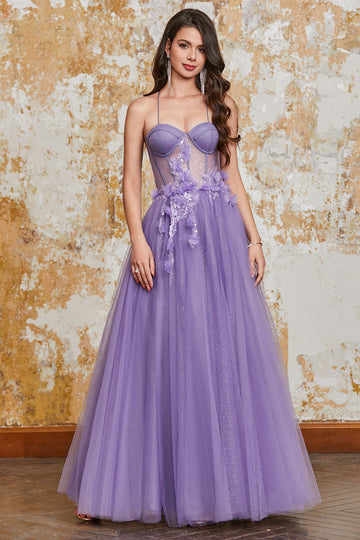 A-Line Spaghetti stropper lilla korsett Prom kjole med 3D blomster